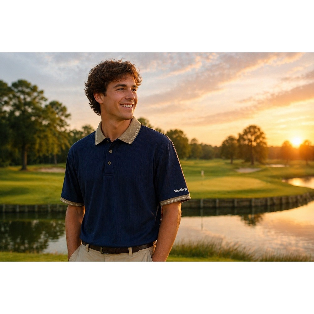 Vantage Mens‎ Navy Blue Textured Cotton Polo Shirt Schlumberger Logo USA Made L